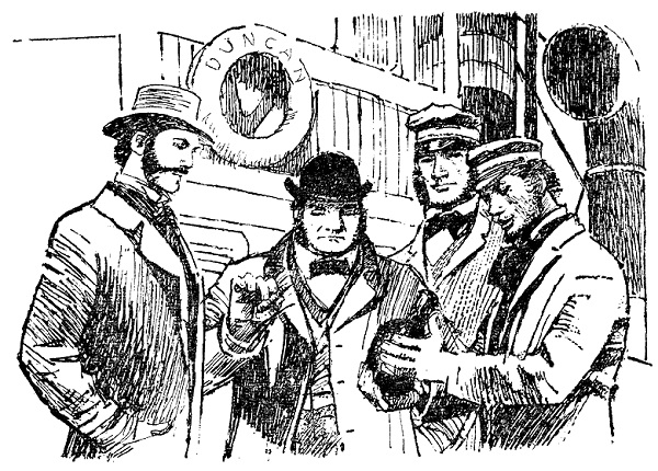 Черно-белое фото. Стоят четыре мужика с головными уборами, а позади них написано DUNCAN.