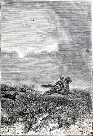 Человек Черно-белое фото. Человек скачет на коне, за ним бегут волки.