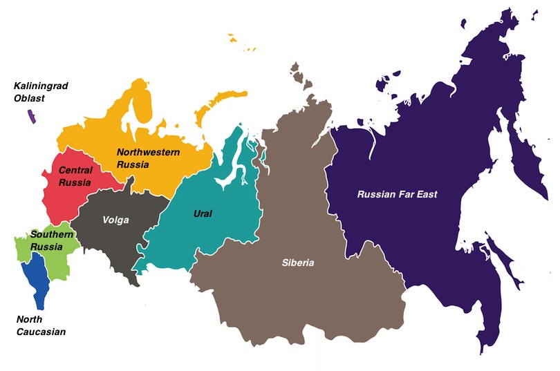 Метеорологическая карта России/РФ, делённая на девять зон разноцветных
